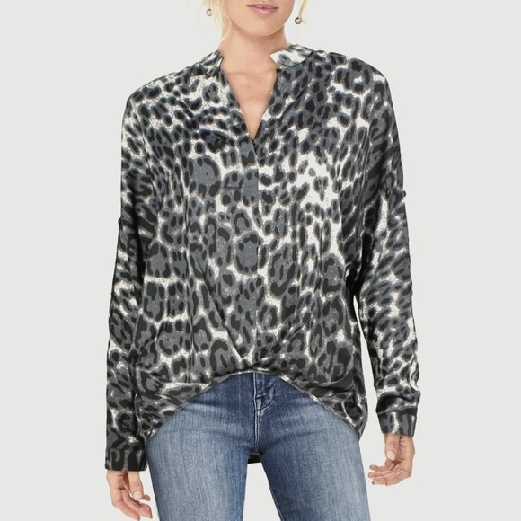 Patrizia Luca Milano Animal Print Notch V Neck Hi Low Blouse, L NWT - Picture 1 of 9
